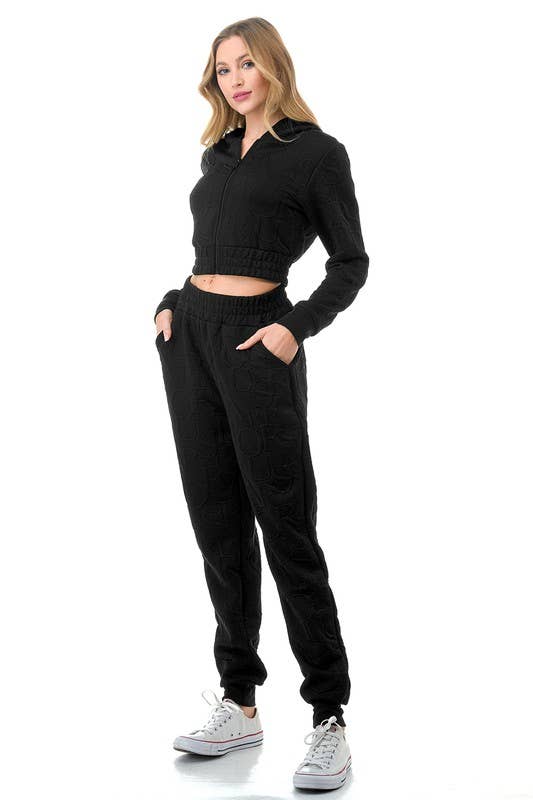 EMBOSSED ZIP UP HOODIE SET