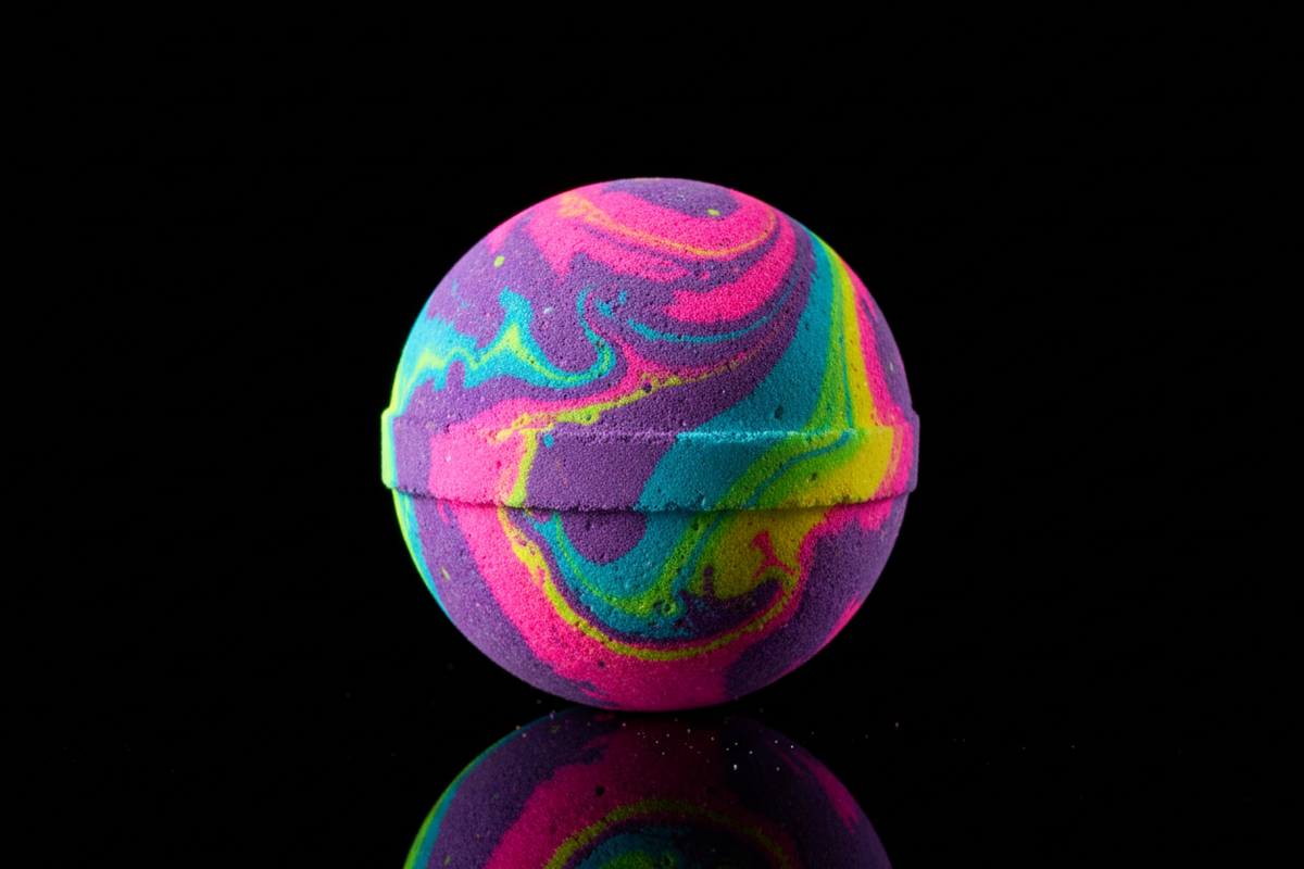blacl background with a bright colorfiull bathbomb