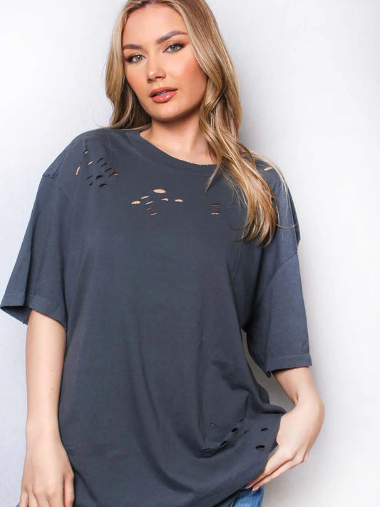 Women's Elbow Sleeve Round Neck Holes Solid Top