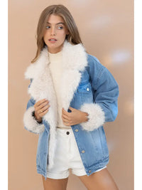 Model wearing fur collard denim jacket with white faux fur trim, cream knit sweater and white shorts - Pre-Order